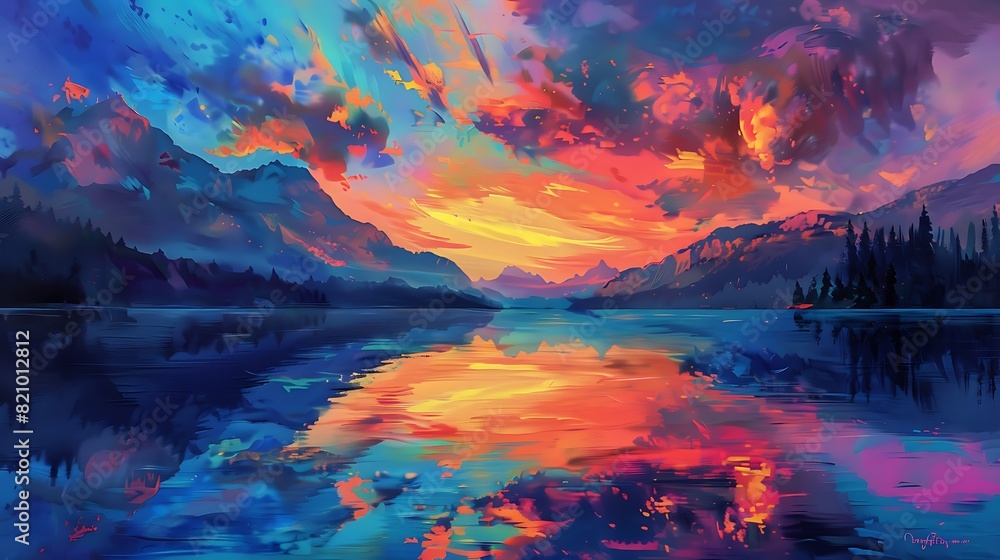 Magnificent sunset over a tranquil lake, with vibrant hues painting the sky.
