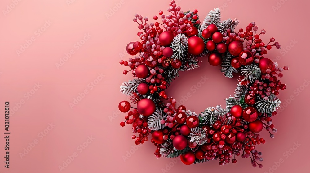 Christmas wreath with red ornaments and berries on a pink background.
Christmas wreath with red ornaments and berries on a pink background.