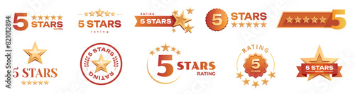 Golden Five stars logo template set. 5 star rating emblems set