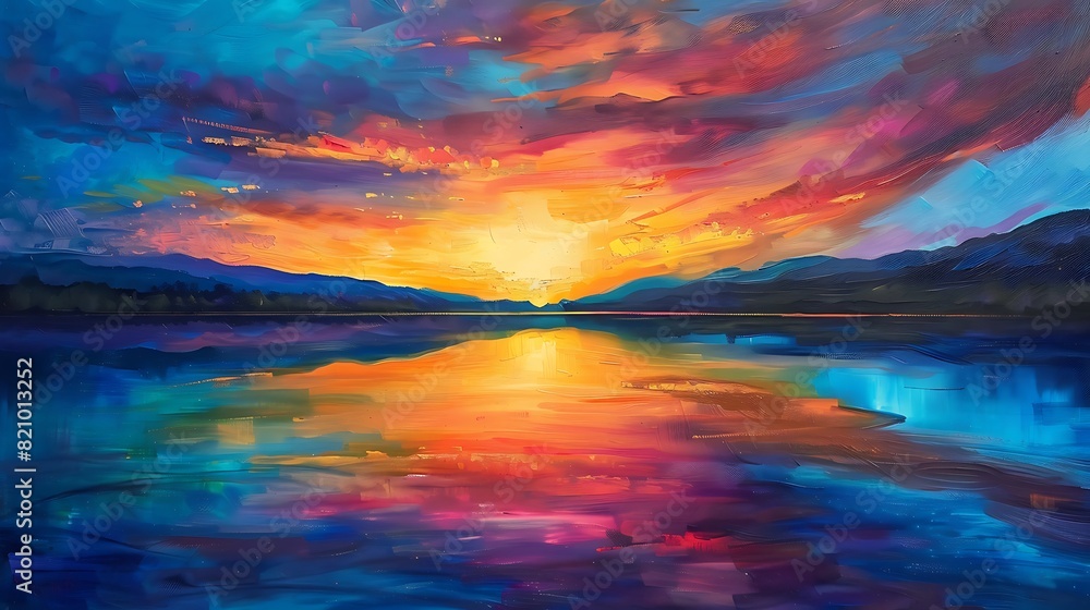 Magnificent sunset over a tranquil lake, with vibrant hues painting the sky.