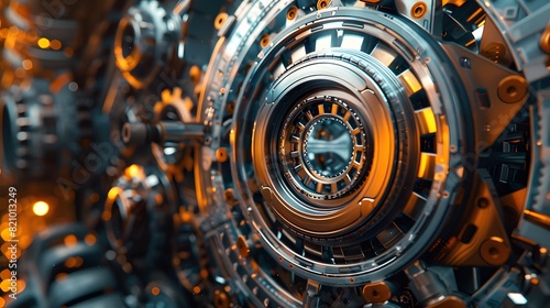 Closeup of the gear portal in an industrial engine, with visible gears and machinery, creating an immersive atmosphere.  © horizon