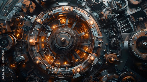 Closeup of the gear portal in an industrial engine, with visible gears and machinery, creating an immersive atmosphere. 