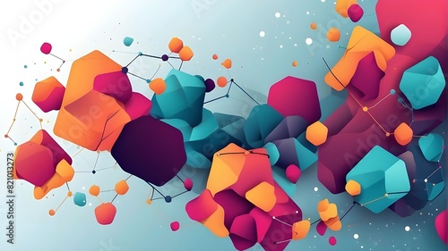 Banner featuring abstract molecules with lines, shapes, and polygons. Network background with vector design. Concept for a website, business, web banner, template, or modern scientific and chemistry t