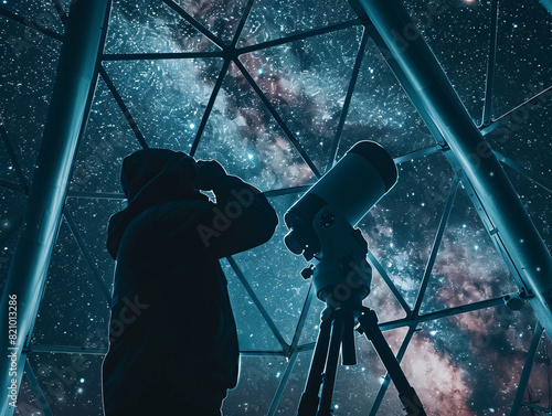 Astronomer Under Starlit Observatory In the solitude of an observatory dome, an astronomer gazes through a telescope, lit by the soft, ambient light of distant stars, with double e photo