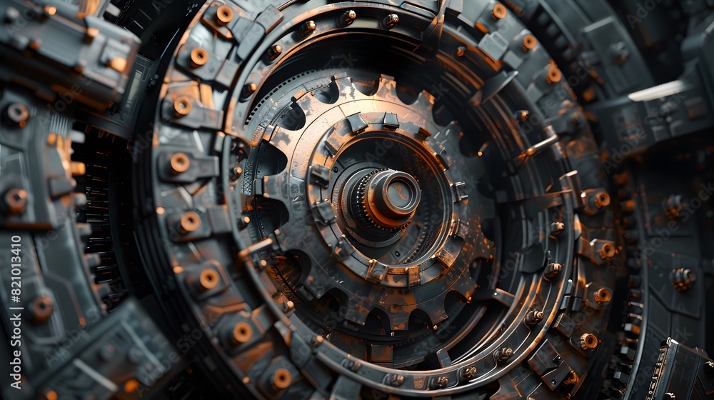 Closeup of the gear portal in an industrial engine, with visible gears and machinery, creating an immersive atmosphere.
Closeup of the gear portal in an industrial engine, with visible gears and machinery, creating an immersive atmosphere.