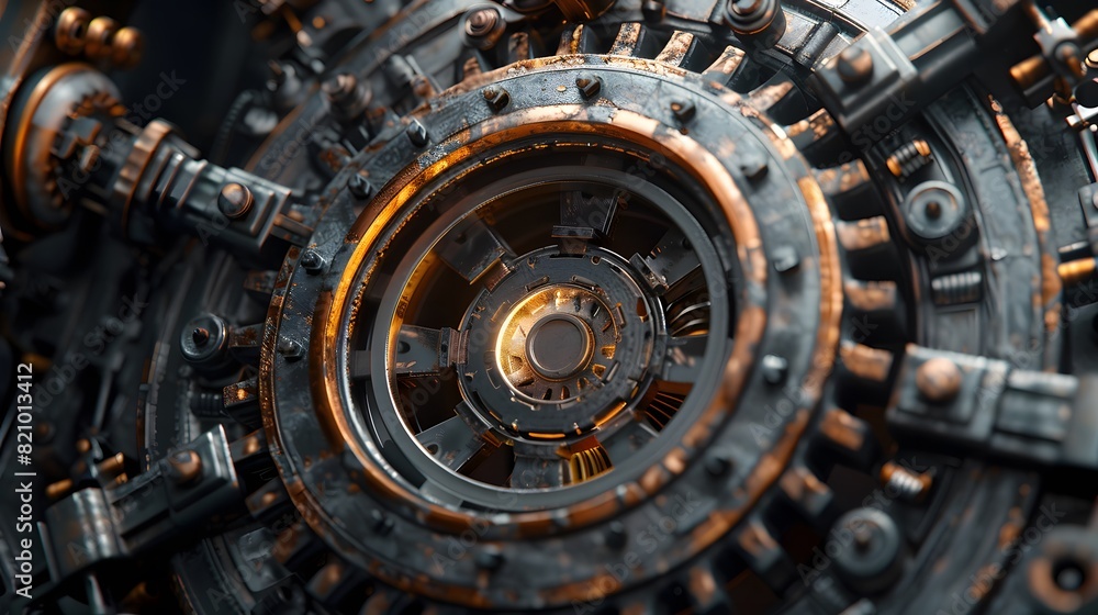Closeup of the gear portal in an industrial engine, with visible gears and machinery, creating an immersive atmosphere.
Closeup of the gear portal in an industrial engine, with visible gears and machinery, creating an immersive atmosphere.