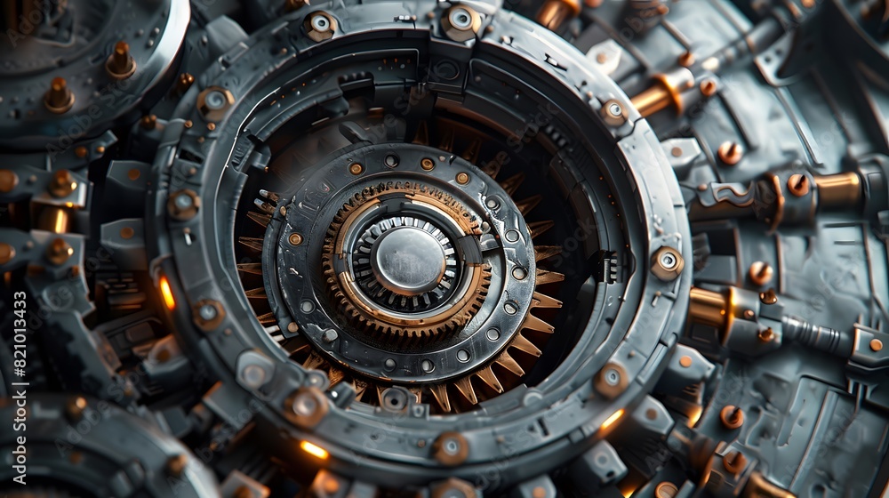 Closeup of the gear portal in an industrial engine, with visible gears and machinery, creating an immersive atmosphere.
Closeup of the gear portal in an industrial engine, with visible gears and machinery, creating an immersive atmosphere.