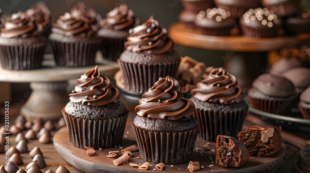 chocolate cupcakes with rich icing, elegantly arranged on a dessert table chocolate cupcakes with rich icing, elegantly arranged on a dessert table