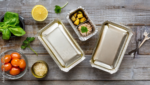 Take away food in foil boxes and vegetables on the table. Food containers. Delivery service concept.