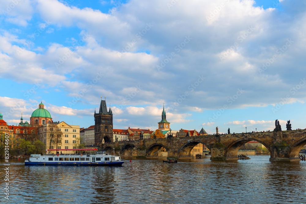 The Vltava River in the center of the Czech Republic near the Charles Bridge on a cloudy spring day The Vltava River in the center of the Czech Republic near the Charles Bridge on a cloudy spring day