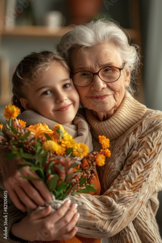 Grandmother hugging granddaughter holding flowers. World Day for Grandparents and the Elderly © Julia Jones