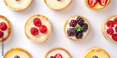 ssorted fruit tarts with fresh berries on white background.