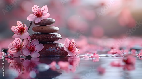 zen stones water and japanese cherry blossoms on pink background witn copy space wellness and harmony massage and bodycare spa.stock photo