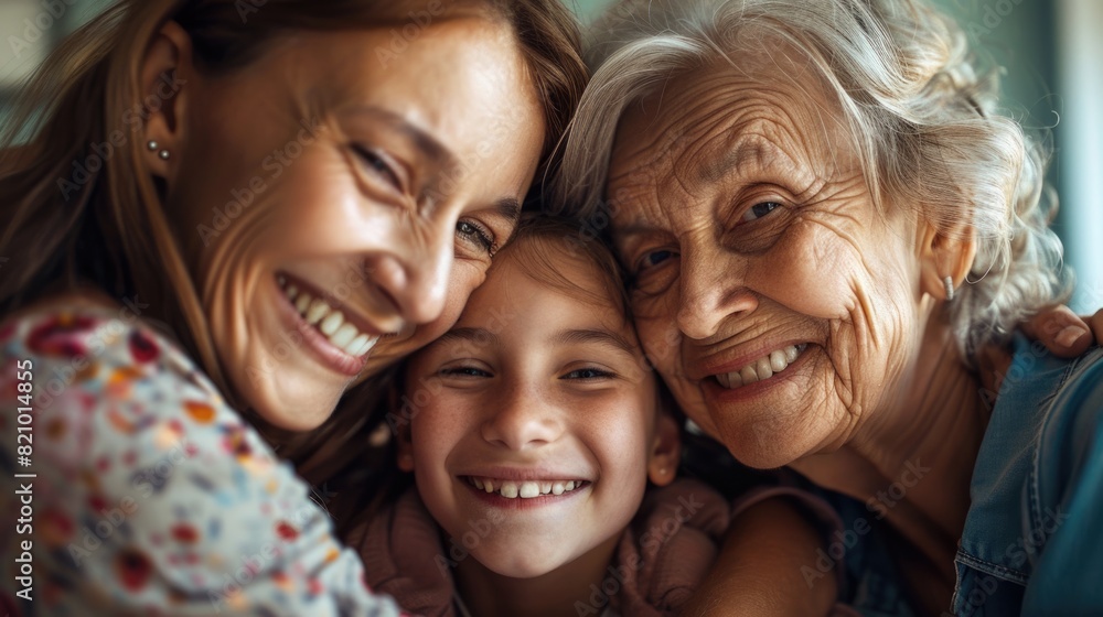 Close-up portrait of three generations of women smiling. Close-up portrait of three generations of women smiling.