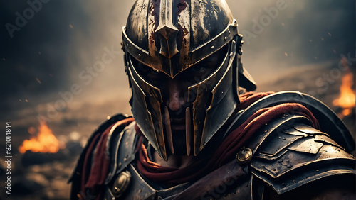 Ancient Spartan Warrior in Battle Armor Standing in a Rugged Landscape