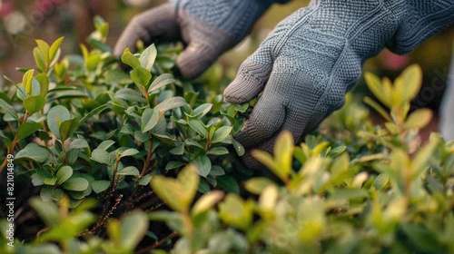 Hands in gloves tending to green plants in garden. © Julia Jones