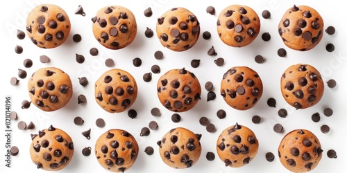 Chocolate chip muffins arranged in rows with scattered chocolate chips on a white background.