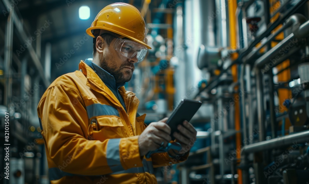 Diversity factory worker working with tablet, Industrial Engineer in the hard hat uses small computer while standing in the heavy industry manufacturing Factory Diversity factory worker working with tablet, Industrial Engineer in the hard hat uses small computer while standing in the heavy industry manufacturing Factory