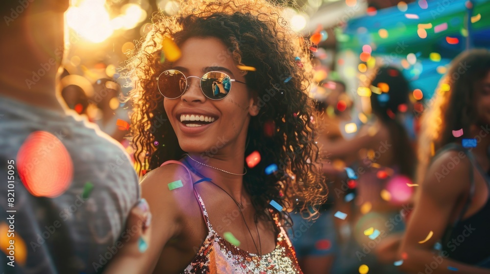 Woman smiling at a party with colorful confetti and sunlight.
