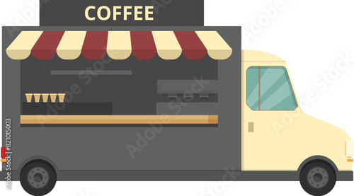 Vintage coffee truck illustration with retro flat design. Serving espresso and specialty beverages at a trendy mobile cafe in the urban city life. Perfect for street food festivals and outdoor markets
