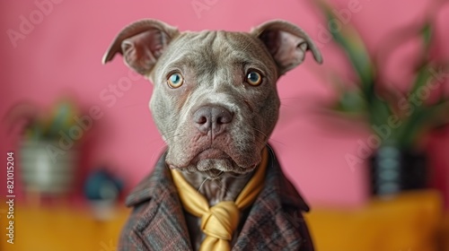 pit bull dog dressed in an elegant suit with a nice tie fashion portrait of an anthropomorphic animal posing with a charismatic human attitude.illustration