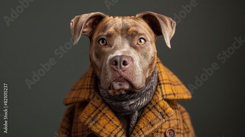 pit bull dog dressed in an elegant suit with a nice tie fashion portrait of an anthropomorphic animal posing with a charismatic human attitude.stock image