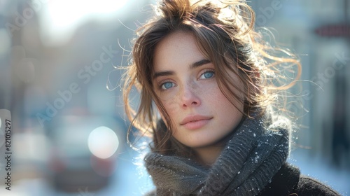 Wallpaper Mural Close-up portrait of woman with blue eyes and messy hair wearing scarf outdoors. Torontodigital.ca