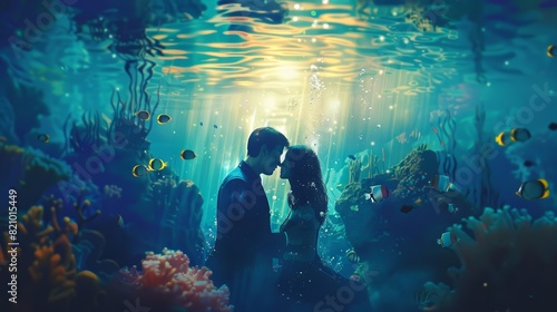 Underwater scene of a romantic encounter from a worms-eye view