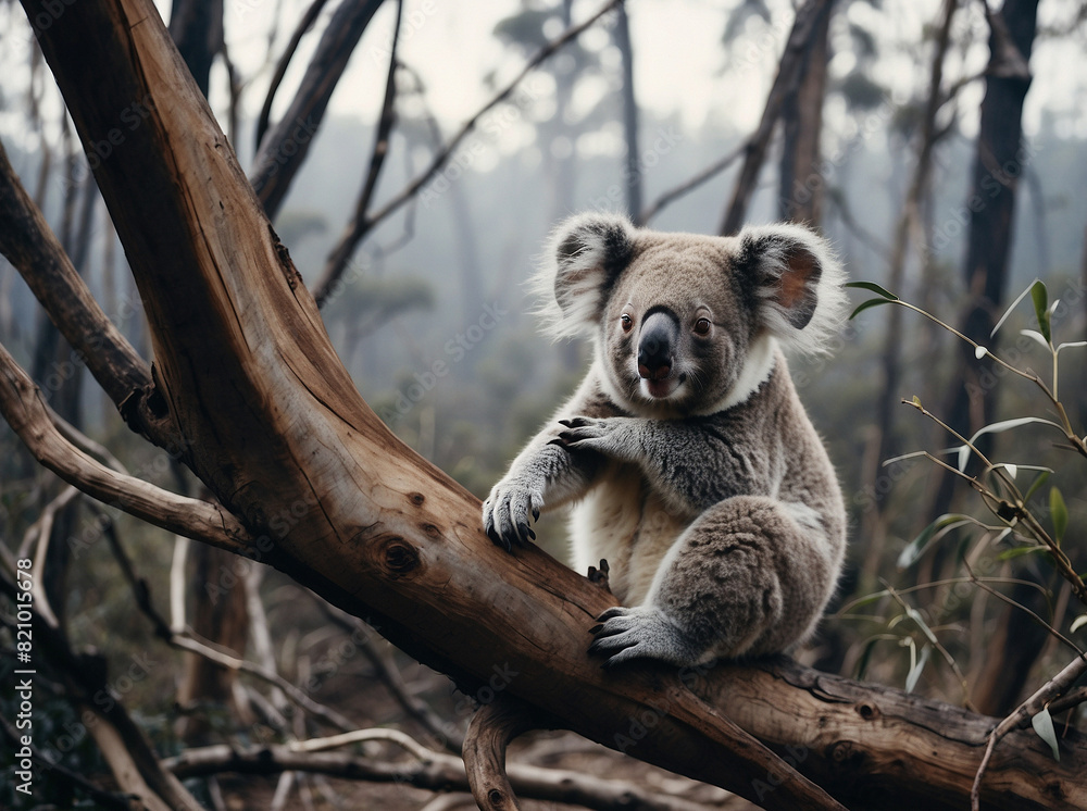 Fototapeta premium Lone Koala Clinging to Blackened Eucalyptus Branch with Singed Fur and Fearful Eyes, Set Against Smoldering Ruins of Forest Desolate Wasteland, Highlighting Impact of Wildfires on Wildlife