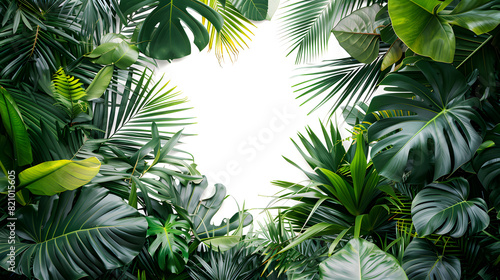 Green tropical leaves contrast beautifully against a white background
