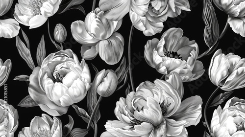 Black and white detailed floral illustration on a dark background. © Julia Jones