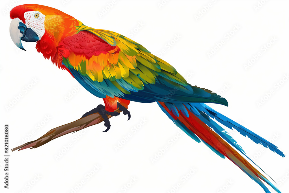 Obraz premium Colorful Parrot Vector Illustration: Full Body Bird Perched on Branch with White Background