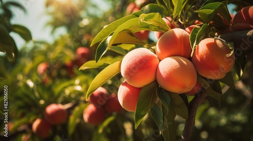 Ripe peaches on a tree branch in natural sunlight.