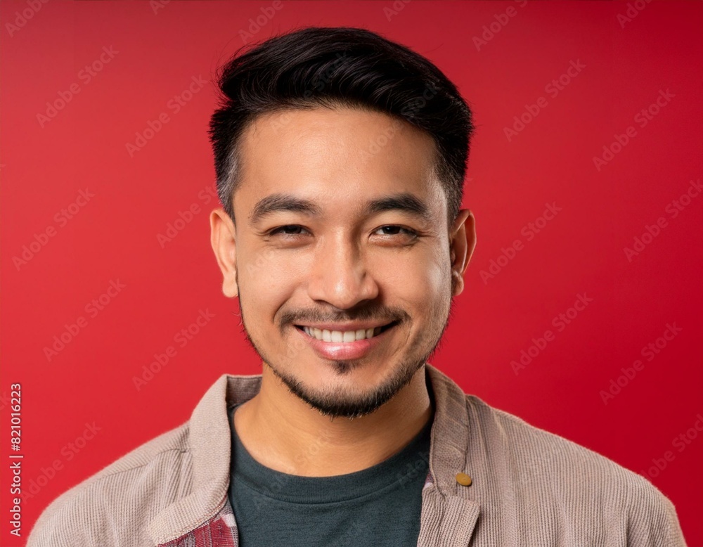 Fototapeta premium A men with 35 years old looking at the camera with excited facial expression in front of the red background