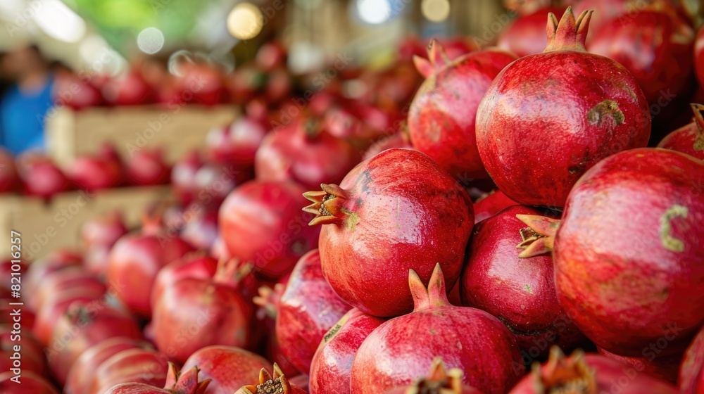 Fresh pomegranates displayed at outdoor market stall. Fresh pomegranates displayed at outdoor market stall.