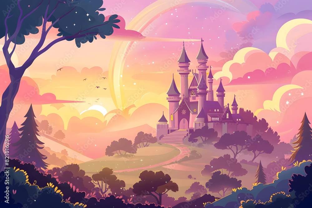 Flat illustration of an enchanting fairy tale castle with turrets and a ...
