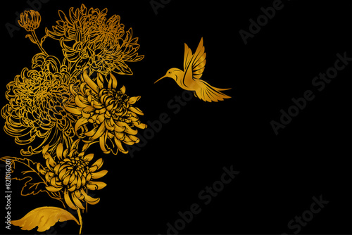 chrysanthemum flower with a golden gradient and a hummingbird bird