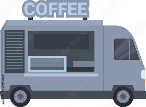 Illustrated vector design of a modern mobile coffee truck vending espresso and other beverages, perfect for street events and outdoor catering services