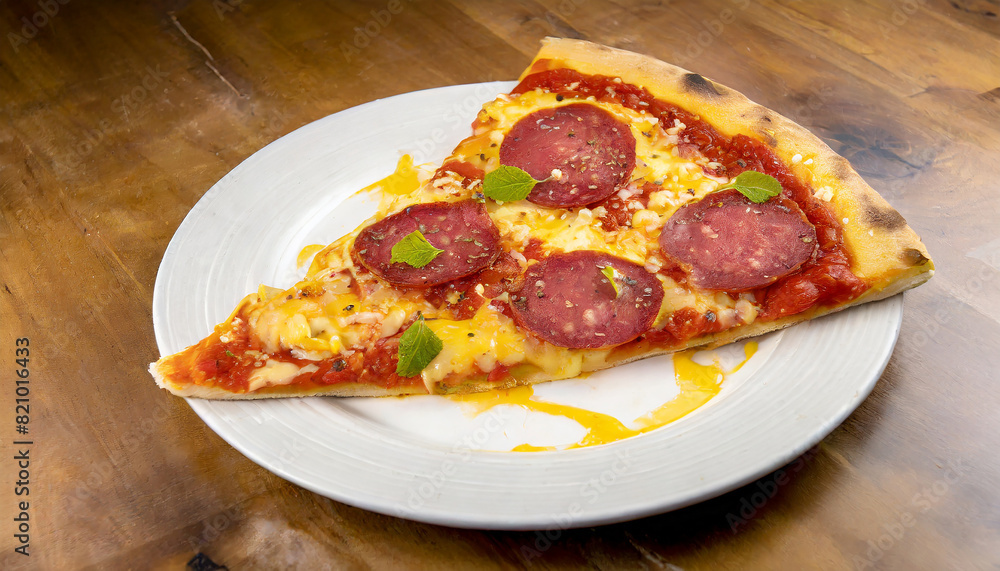 Italian pizza triangle slice with cheese and sausage slices on white plate. Cafe or restaurant food Italian pizza triangle slice with cheese and sausage slices on white plate. Cafe or restaurant food