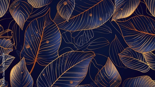 Elegant golden leaves on dark blue background.