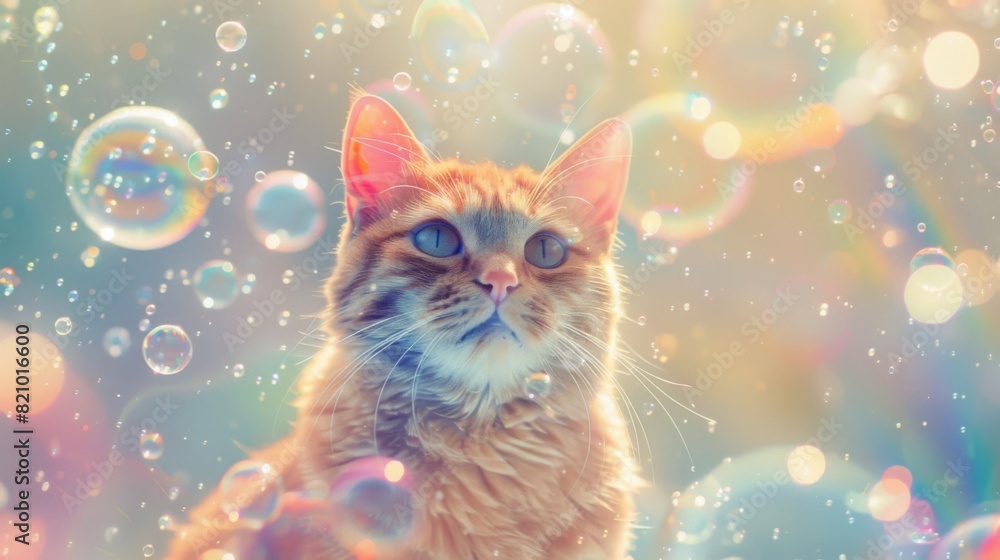 Chubby cat surrounded by bubbles in a whimsical, colorful background.