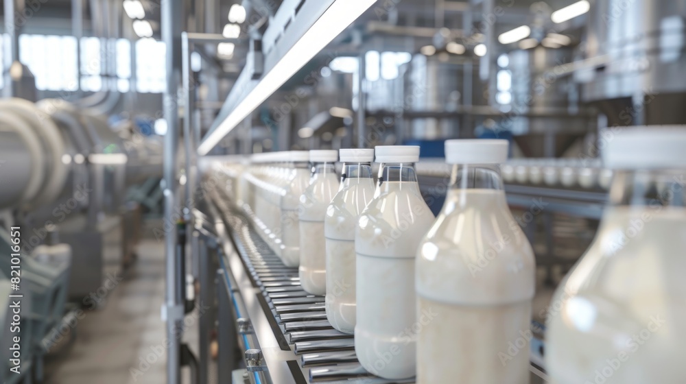 Fototapeta premium Conveyor belt with white plastic milk bottles in a modern dairy plant. World Milk Day