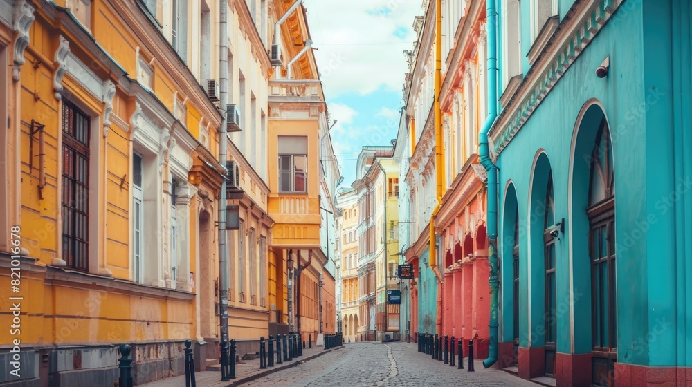 Colorful European urban street with historical architecture.