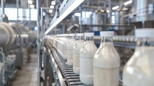 Conveyor belt with white plastic milk bottles in a modern dairy plant. World Milk Day