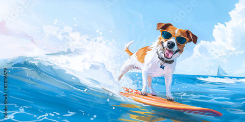 A Jack Russell terrier dog riding an orange surfboard on the sea waves wearing sunglasses. Active leisure. Illustration. Banner with copy space