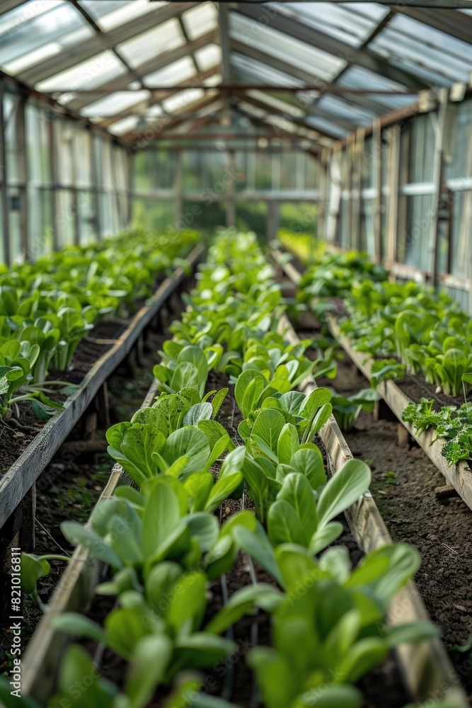 Greenhouse interior with rows of fresh vegetables under natural light. Agricultural photography.
