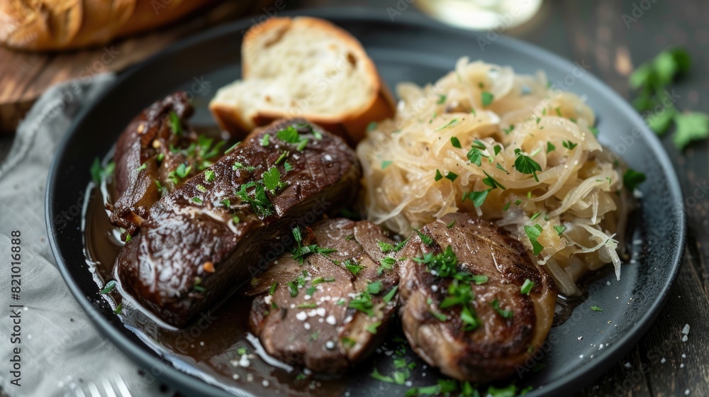 Beef medallions with caramelized onions and parsley on dark plate. Gourmet food presentation. Beef medallions with caramelized onions and parsley on dark plate. Gourmet food presentation.