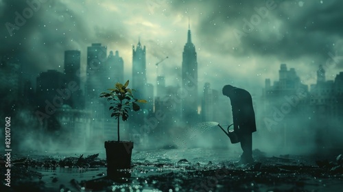 A businessman watering a plant that grows into a city skyline with reverse silhouettes of buildings in the background photo