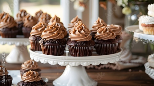 decadent dessert spread featuring chocolate cupcakes with rich icing photo