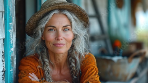 Serene Silver haired Woman in Straw Hat Resting by Rustic Cabin